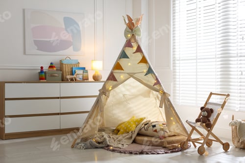 Preview: Cute wigwam with fairy lights and toys in stylish child's room