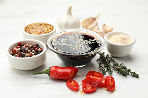 Preview: Soy sauce and other different ingredients for marinade on white marble table, closeup