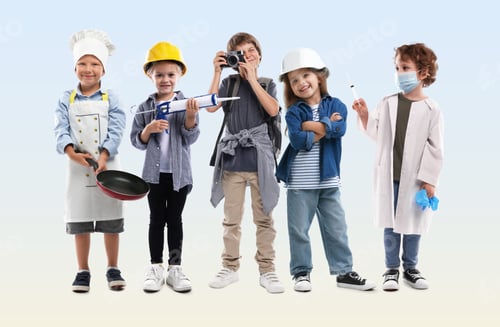 Preview: Choice of future profession. Happy children dressed as workers in different occupations. Gradient ba