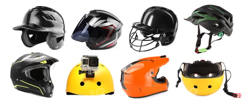 Preview: Different helmets isolated on white, set. Protective headgear