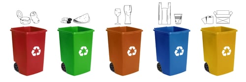 Preview: Garbage cans in different colors for waste separation isolated on white. Each for different types of