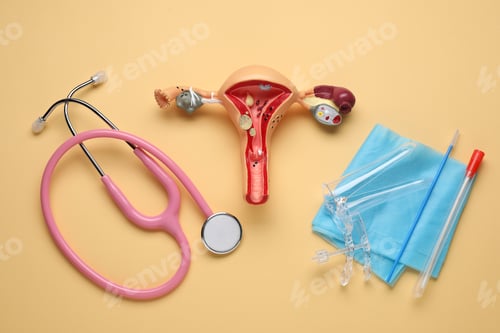 Preview: Flat lay composition with gynecological examination kit and model of female reproductive system on p