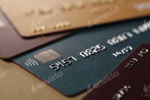 Preview: Different credit cards on table, macro view