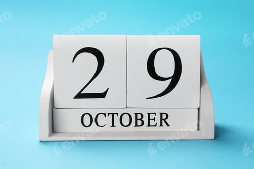 Preview: International Psoriasis Day - 29th of October. Block calendar on light blue background