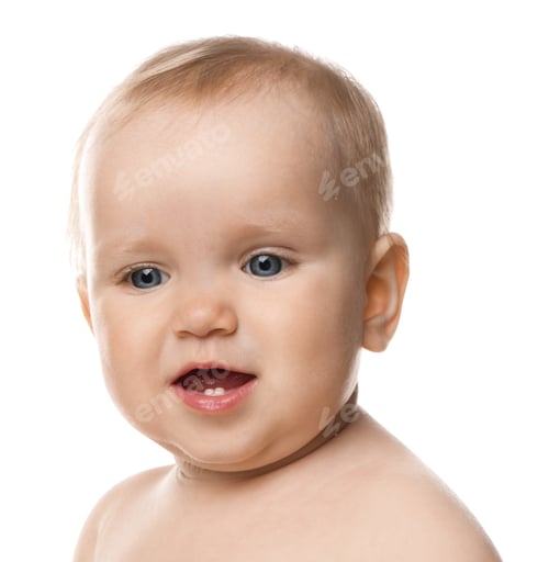 Preview: Cute child with first baby teeth on white background