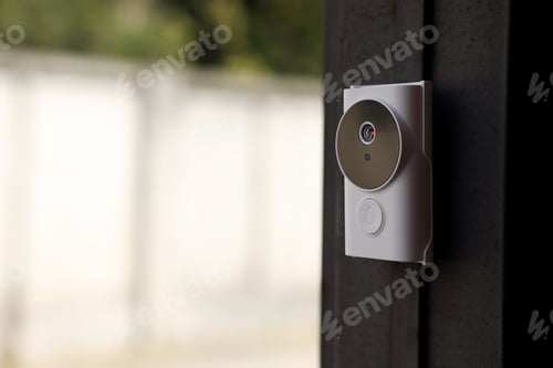 Preview: Modern intercom system on gate outdoors, closeup. Space for text