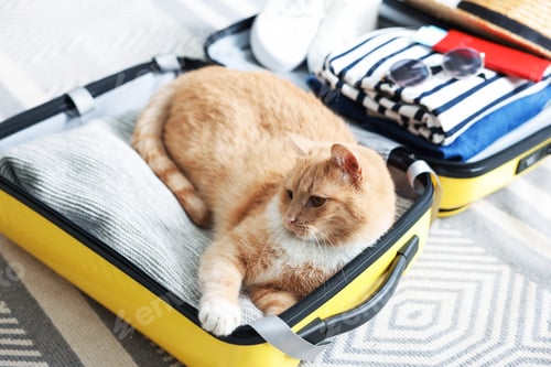 Preview: Cute cat sitting in suitcase with clothes at home, closeup. Traveling with pet