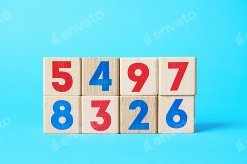 Preview: Wooden cubes with numbers on light blue background