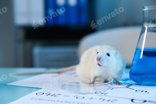 Preview: Cute rat, papers, Petri dish and flask with sample on table in laboratory, closeup. Space for text