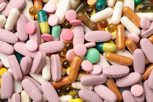 Preview: Many different pills as background, top view