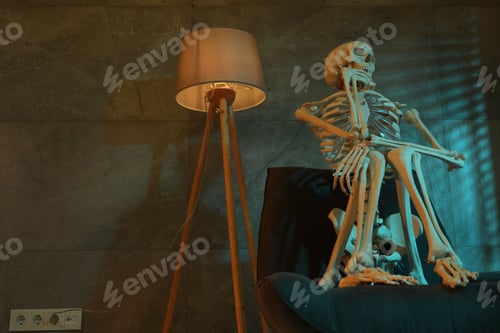 Preview: Waiting concept. Human skeleton sitting in armchair indoors, space for text