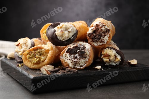 Preview: Delicious canoli with cheese, chocolate and almonds on black table, closeup
