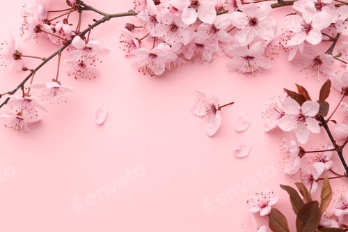 Preview: Beautiful cherry plum tree blossoms on pink background, closeup. Space for text