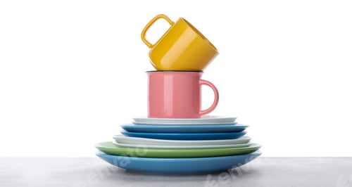 Preview: Stack of clean dishes and cups on table against white background