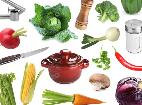 Preview: Different kitchen stuff and products on white background, collage