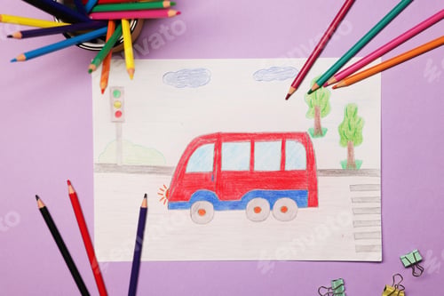 Preview: Child's drawing of bus and pencils on violet background, flat lay
