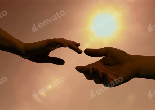 Preview: Man and woman reaching to each other against sky with bright sun at sunset, closeup of hands