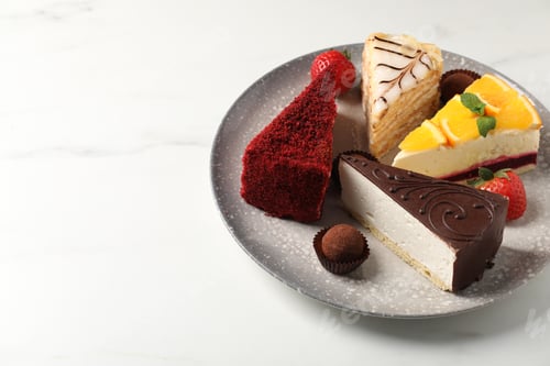 Preview: Pieces of different tasty cakes, strawberries and candies on white marble table, closeup. Space for