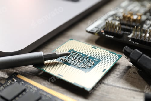 Preview: Central processing unit, other internal components, laptop and screwdriver on wooden table, closeup