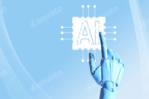 Preview: Robotic hand touching virtual AI microchip against light blue gradient background. Artificial intell