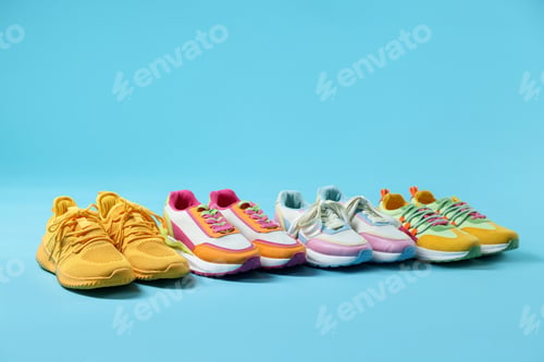 Preview: Stylish bright sneakers on light blue background