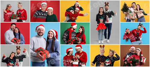 Preview: Christmas and winter holidays celebration. Photos of happy couples combined in collage