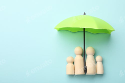 Preview: Small umbrella and family figures on light blue background, flat lay. Space for text
