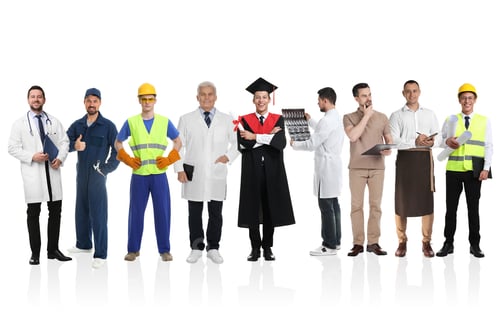 Preview: Graduate student and men of various professions on white background. Career choice