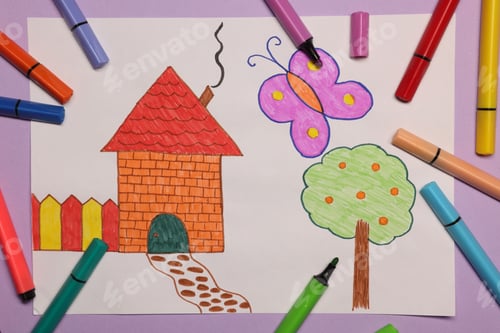 Preview: Child's drawing and felt-tip pens on violet background, flat lay