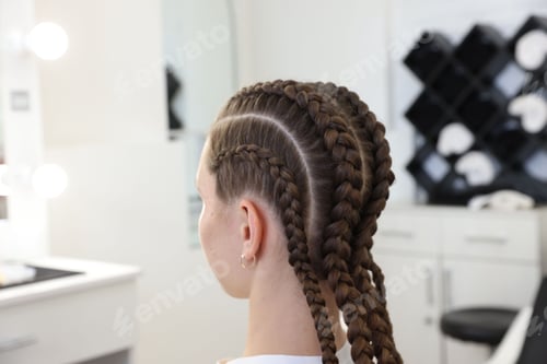 Preview: Teenage girl with beautiful braids in salon, closeup