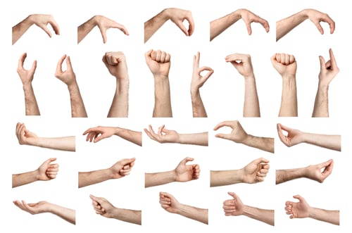 Preview: Men holding something, closeup. Set of hand gestures isolated on white