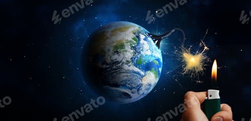 Preview: Earth globe with bomb fuse ignited by man with lighter in space. Anthropogenic planetary crisis, wor