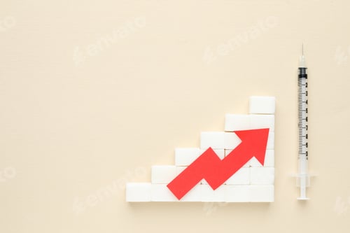 Preview: Diabetes control. Sugar cubes with arrow showing high blood sugar level and syringe on beige backgro