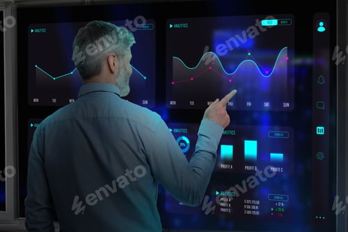 Preview: Businessman using virtual screen with different graphs and data. Modern technology