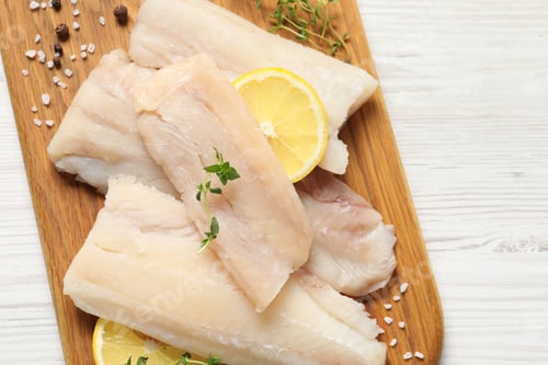 Preview: Pieces of raw cod fish, lemon and spices on white wooden table, top view