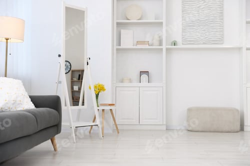 Preview: Stylish full length mirror near sofa indoors, space for text. Interior design