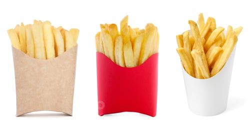 Preview: Tasty French fries in paper takeout containers isolated on white, set