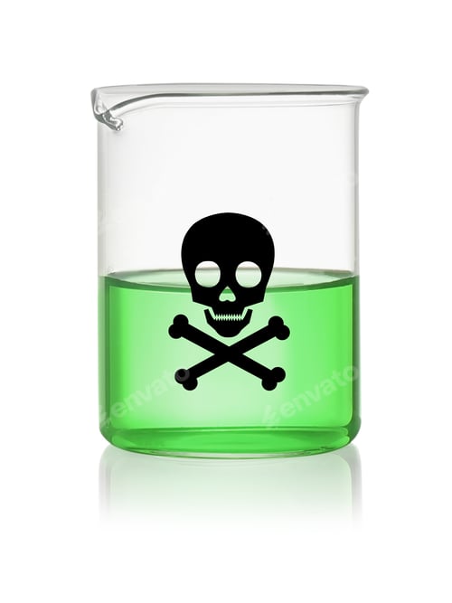 Preview: Poison warning symbol on glass beaker with green liquid against white background