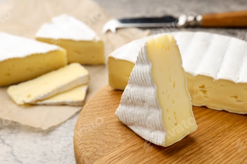 Preview: Cut delicious brie cheese and knife on grey table, closeup