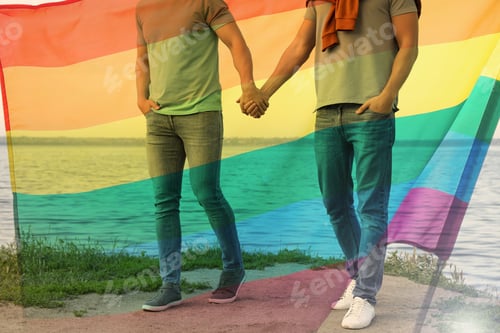Preview: Gay couple holding hads while walking near river, double exposure with pride flag