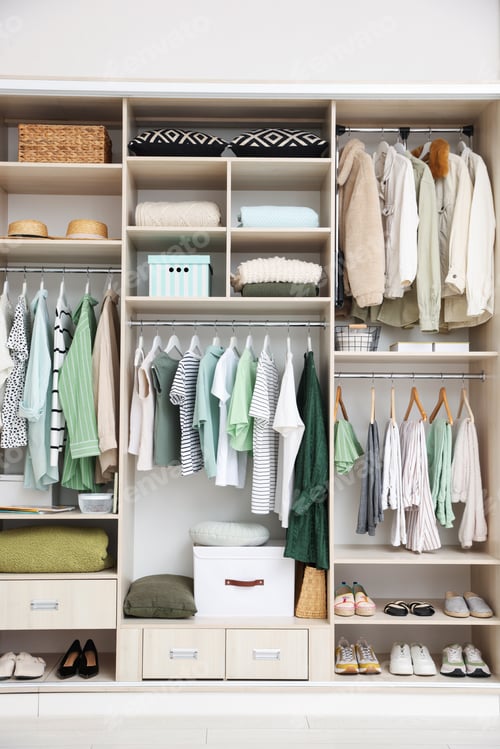 Preview: Large wardrobe with different stylish clothes and home stuff