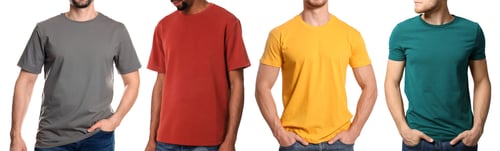Preview: Men wearing t-shirts in different colors on white background, closeup