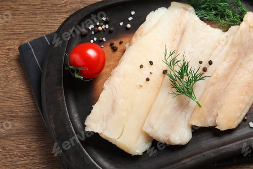 Preview: Raw cod fish, dill, tomatoes and spices on wooden table, top view