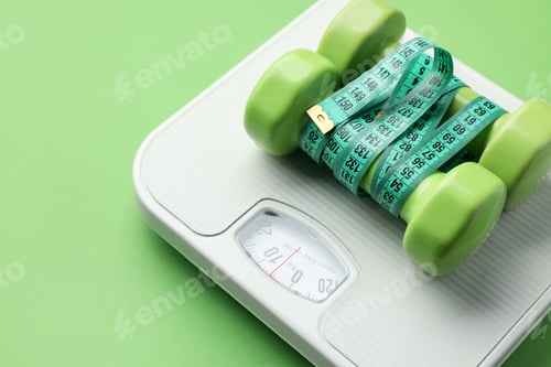 Preview: Measuring tape, dumbbells and scales on green background, closeup. Space for text