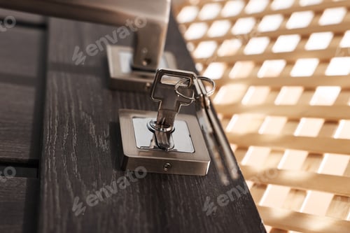 Preview: Wooden door with keys and metal handle near lattice, low angle view