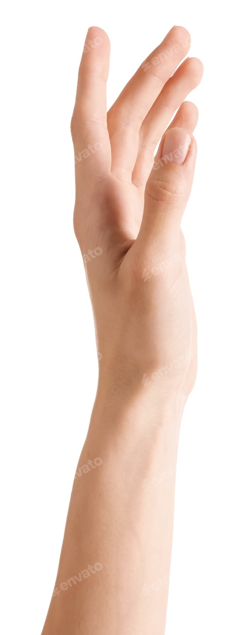 Preview: Woman with raising hand on white background, closeup
