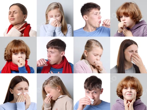 Preview: Children and adults suffering from cold. Collage of portraits