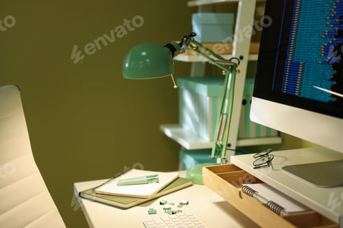 Preview: Workplace with computer monitor on riser stand and lamp indoors, closeup