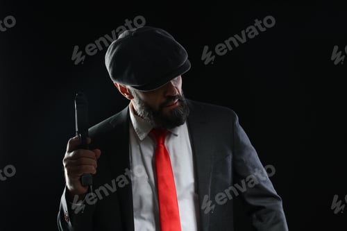 Preview: Mafia. Man with gun on dark background
