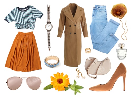 Preview: Spring look. Set of stylish clothes and accessories for women isolated on white